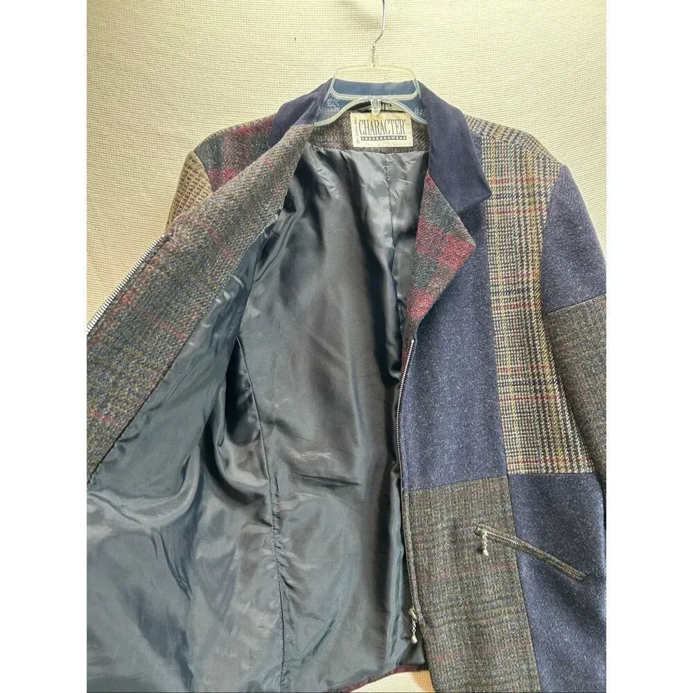Patchwork Wool Jacket Blue Plaid Zip Front Vtg10 Dark Academia Quiet Luxury